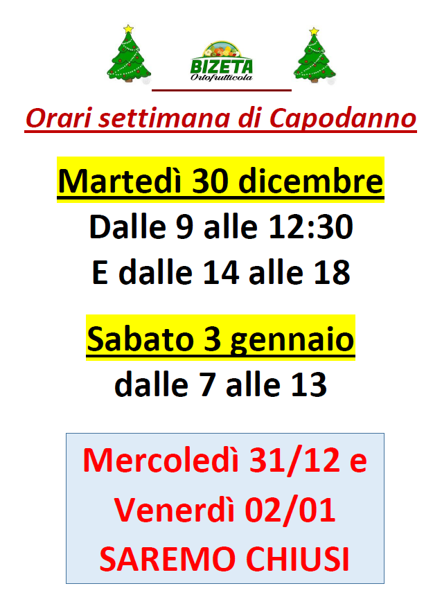 ORARI SETTIMANA DI CAPODANNO 